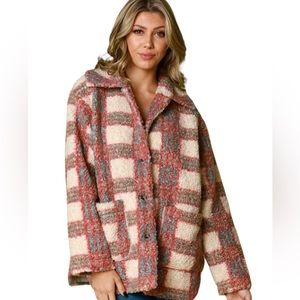 WOMEN’S Red/Teal Plaid Teddy Pocketed Button-Down Shacket NWT